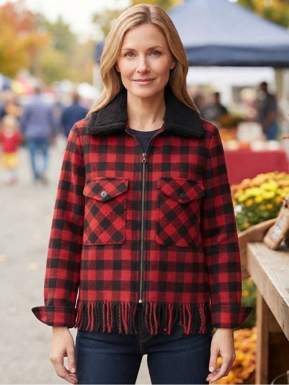 Chaps by Ralph Lauern Red
& Black Buffalo Plaid Fringe 
Jacket EUC Sz small